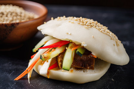 bao bun with traditional chinese ingredients, including pickled vegetables and sesame seeds, created with generative aiの素材