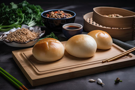 presentation of bao buns on wooden plate, with chopsticks and additional ingredients close by, created with generative aiの素材