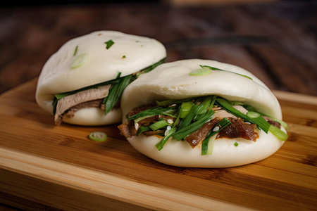 bao bun, fresh and warm from the oven, with flavorful fillings like green onion & sesame, created with generative aiの素材