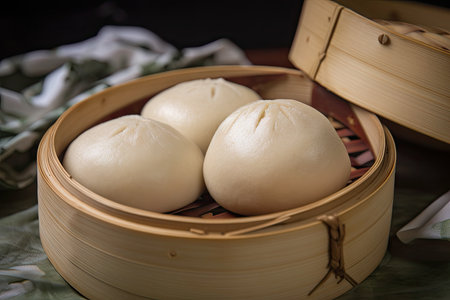 bao bun, wrapped in dumpling skin, filled with savory pork filling, created with generative aiの素材