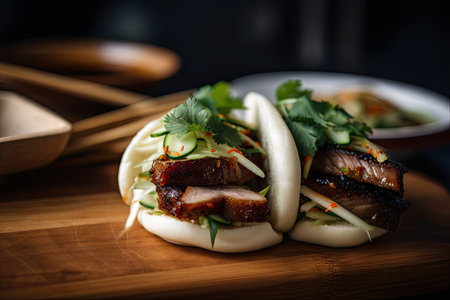 bao bun with juicy, slow-roasted pork belly, created with generative aiの素材