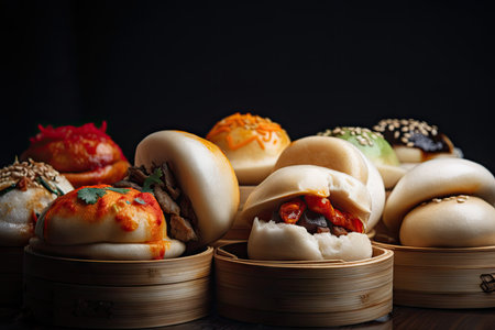 bunch of bao buns, each filled with different filling and topping combinations, created with generative aiの素材