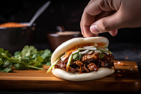bao bun being filled with juicy and flavorful barbecue pork, created with generative aiの素材