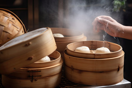 bao bun being carefully separated from its bamboo steamers, with hint of steam still visible, created with generative aiの素材