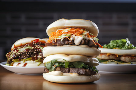 bao bun tower, overflowing with fillings and textures, created with generative aiの素材
