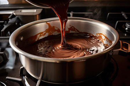 chocolate being melted in double boiler, with steam rising from the hot water, created with generative aiの素材
