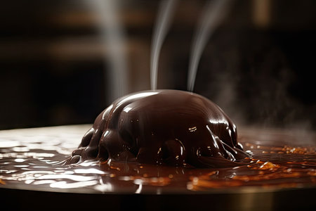 close-up of molten chocolate, with steam rising from the surface, created with generative aiの素材