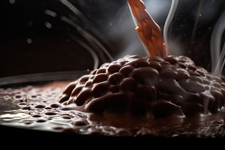 close-up of molten chocolate, with steam rising from the surface, created with generative aiの素材