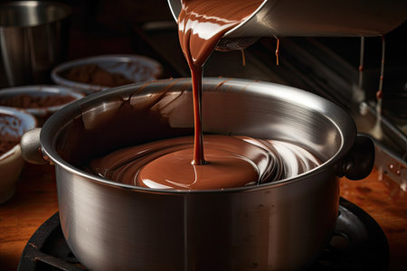 close-up of chocolate being melted in double boiler, created with generative aiの素材