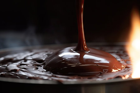 close-up of molten chocolate, with steam rising from the heat, created with generative aiの素材