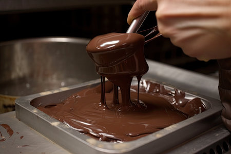close-up of chocolate being poured and stirred into mold, created with generative aiの素材