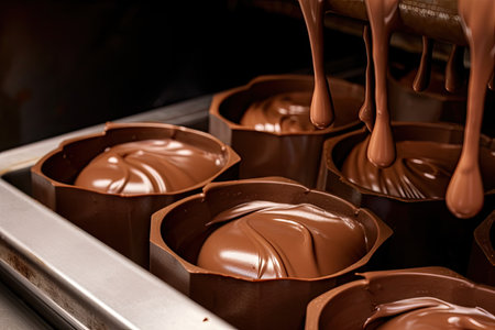 close-up of molten chocolate, waiting to be poured into molds, created with generative aiの素材