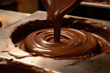 close-up of molten chocolate, waiting to be poured into molds, created with generative aiの素材