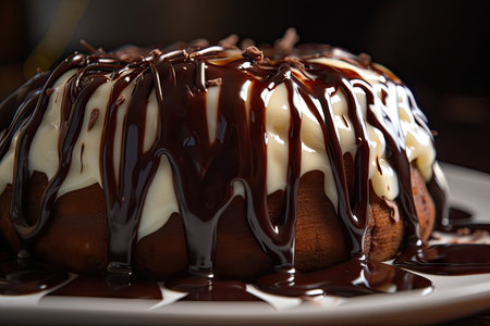 close-up of chocolate sauce drizzled over cake or sundae, created with generative aiの素材