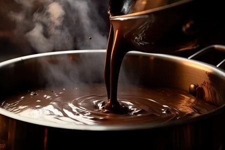 close-up of molten chocolate being stirred, with steam rising from the hot liquid, created with generative aiの素材
