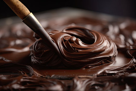 close-up shot of a palette knife through smooth chocolate to create delicate curls, created with generative aiの素材