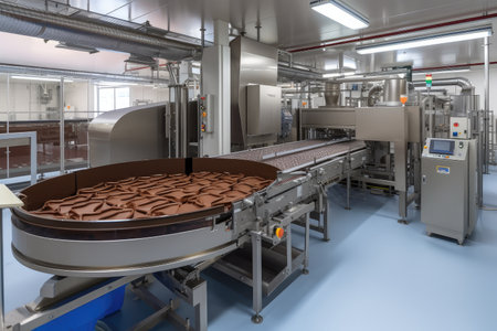 high-tech chocolate factory, with automation and robotics making the process more efficient, created with generative aiの素材