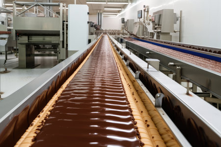 chocolate factory, with conveyor belt and production line, bringing sweet treats to the world, created with generative aiの素材