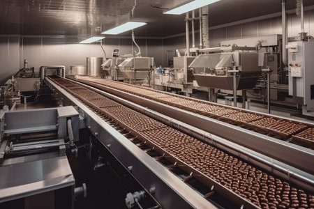 chocolate factory, with conveyor belt and production line, bringing sweet treats to the world, created with generative aiの素材