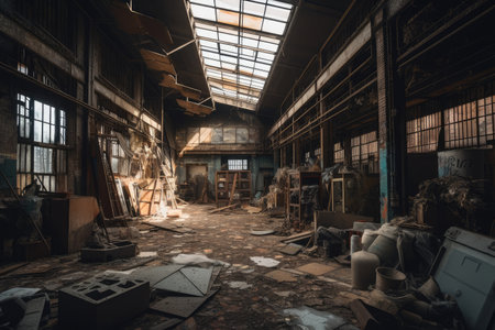 creepy abandoned warehouse filled with debris, broken glass and rusty metal, created with generative aiの素材