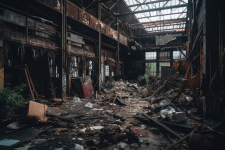 creepy abandoned warehouse filled with debris, broken glass and rusty metal, created with generative aiの素材
