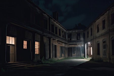 haunted abandoned building at night, with flashlights and lanterns guiding the way, created with generative aiの素材