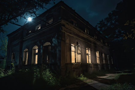 haunted abandoned building at night, with flashlights and lanterns guiding the way, created with generative aiの素材