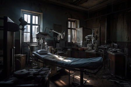creepy abandoned hospital, with broken equipment and eerie lighting, created with generative aiの素材