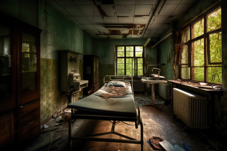 old hospital with its eerie and abandoned halls, full of forgotten memories, created with generative aiの素材