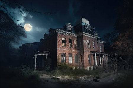 nighttime shot of haunted abandoned building, with only a sliver of moonlight illuminating the scene, created with generative aiの素材