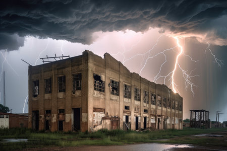 intense storm raging outside abandoned building, with lightning bolts striking and thunder booming, created with generative aiの素材