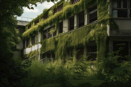 abandoned hospital, with overgrown plants and broken windows, bringing back memories of past patients, created with generative aiの素材
