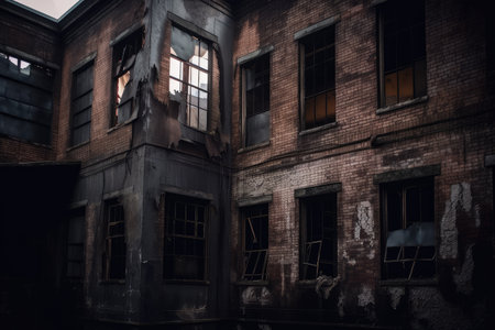 haunted abandoned building, with light shining through broken windows and cracks, created with generative aiの素材