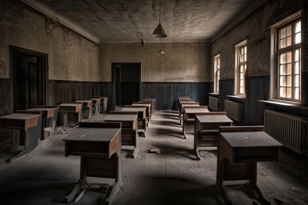 haunted abandoned school, with desks still arranged in orderly rows and blackboards ready for lessons, created with generative aiの素材