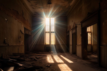 sunbeams shining through broken windows, illuminating the haunting interior of abandoned building, created with generative aiの素材