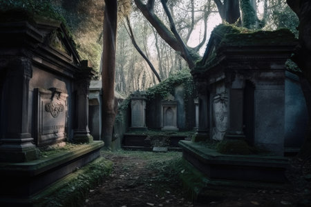 creepy cemetery with abandoned crypts and caskets, created with generative aiの素材
