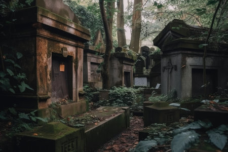creepy cemetery with abandoned crypts and caskets, created with generative aiの素材