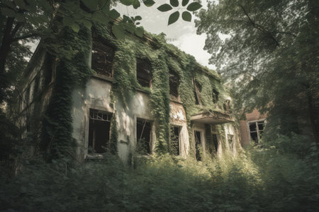 haunted abandoned building surrounded by overgrown plants and trees, with the windows cracked and broken, created with generative aiの素材