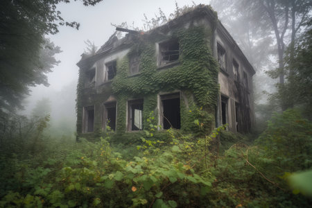 creepy, abandoned building surrounded by overgrown vegetation and eerie mist, created with generative aiの素材