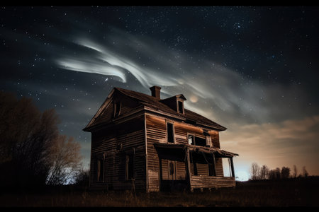 disturbed spirit flies out of abandoned building, haunting the night sky, created with generative aiの素材