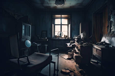 room of an abandoned hospital, with eerie lighting and broken equipment, created with generative aiの素材