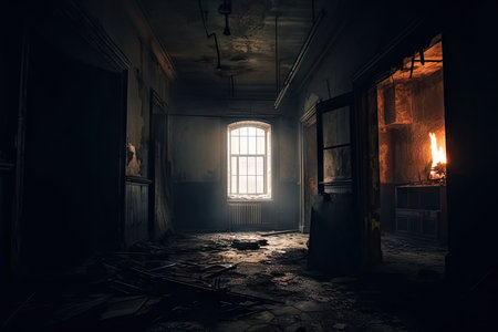 haunted abandoned building with flickering lights, spooky and eerie atmosphere, created with generative aiの素材