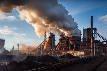 plume of smoke rising from smelting furnace in metallurgical plant, created with generative aiの素材