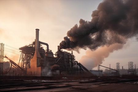 plume of smoke rising from smelting furnace in metallurgical plant, created with generative aiの素材