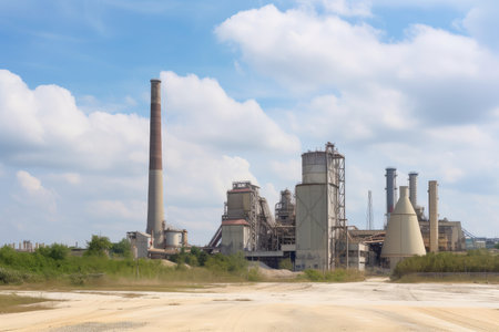 cement plant, with hum of machinery and towers of raw materials visible in the background, created with generative aiの素材