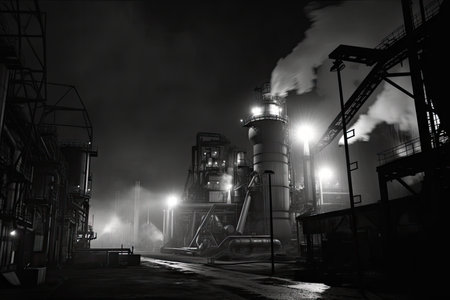 steel mill, with smoke from the blast furnace and sparks flying from the rolling machines, created with generative aiの素材