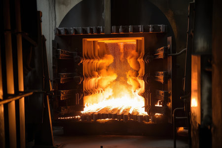 close-up of a furnace, with flames and sparks flying from it, created with generative aiの素材