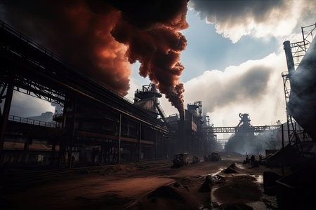 metallurgical plant, with smoke billowing from the chimneys and workers in protective gear, created with generative aiの素材