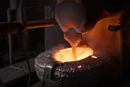 close-up of a furnace, with molten metal being poured into molds, created with generative aiの素材