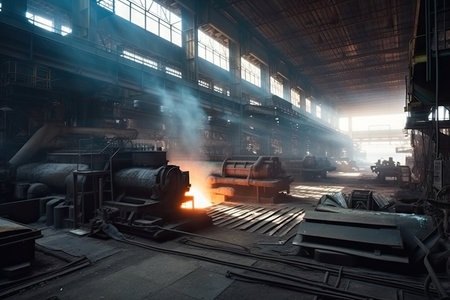 metallurgical plant, with equipment and furnaces visible, producing metal products, created with generative aiの素材